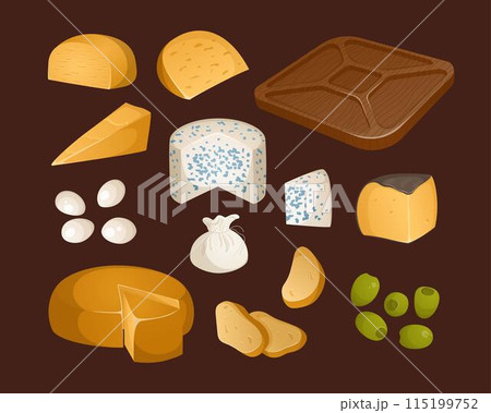 Set of different types of cheeses and appetizers for wine on a brown background. Vector illustration in realistic style Set of different types of cheeses and appetizers for wine on a brown background. Vector illustration in realistic style 115199752