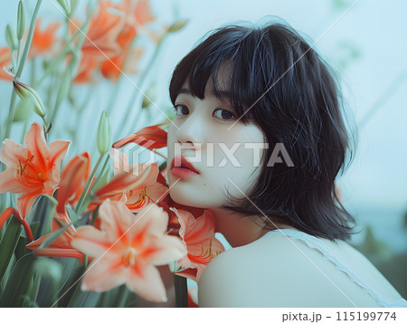花の中の儚げな美しさを持つ日本人女性 115199774