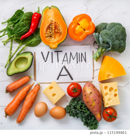 Vitamin A food, carrots, sweet potatoes, spinach, kale, apricots, cantaloupe, bell peppers, mangoes 115199861