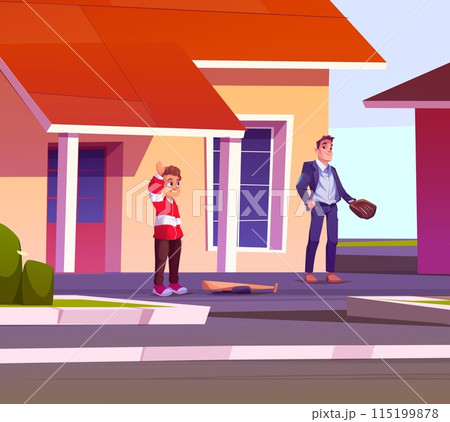Father and son are going to play baseball in yard. Father and son are going to play baseball in yard. 115199878
