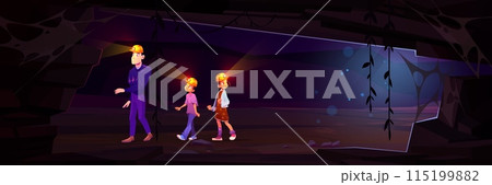 Two teen kids and father explore underground cave 115199882