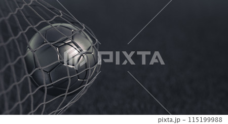 Soccer ball flew into the goal. Black football ball in he net on black background. 3D illustration 115199988