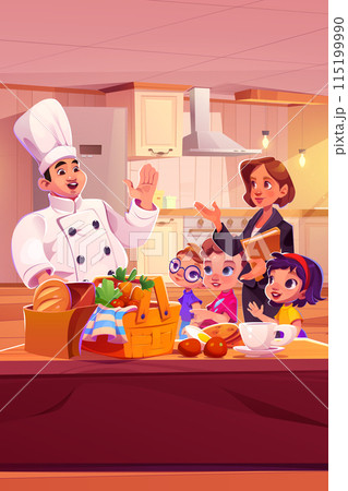 Children and chef in kitchen of restaurant 115199990