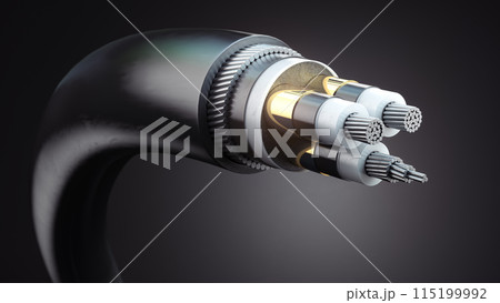 Electric wire cable structure. Armored submarine aluminium elctric cable on black background, 115199992