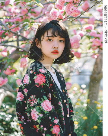 春の息吹感じる花のカーディガンをまとうアジア人女性 115199996