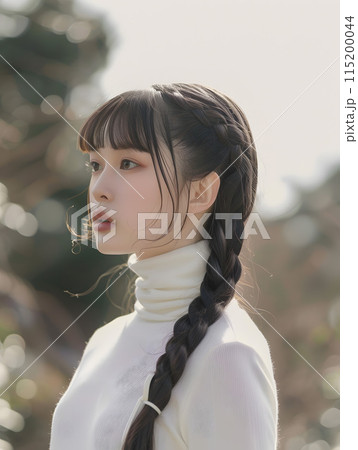 三つ編みの若い日本人女性のポートレートのイラスト素材 [115200044