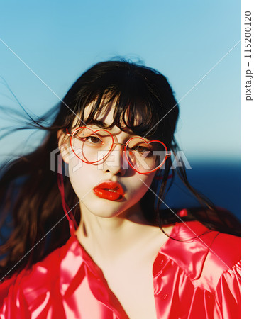 ハート型のサングラスをかけるキュートな日本人女性 115200120