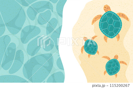 かわいいウミガメ・亀の親子と砂浜と海の波打ち際を描いた環境・夏テーマにピッタリの背景素材 かわいいウミガメ・亀の親子と砂浜と海の波打ち際を描いた環境・夏テーマにピッタリの背景素材 115200267