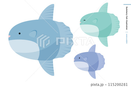 かわいいマンボウ(まんぼう)の親子と青い海の生き物キャラクターイラスト 115200281