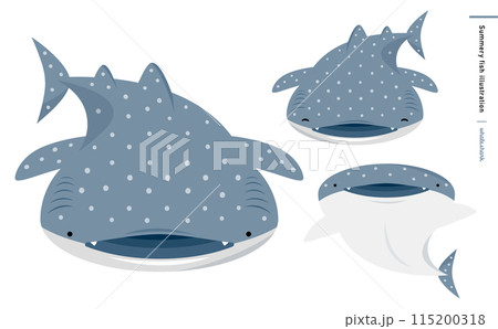 かわいいジンベエザメのデフォルメキャラクターのサメイラストの素材 - 水族館にいる海洋生物 115200318