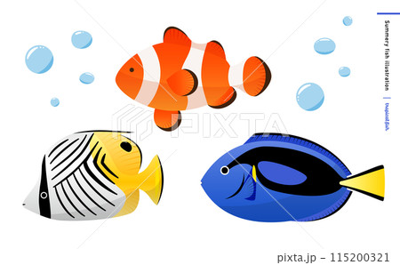 クマノミ(カクレクマノミ)、ナンヨウハギ、チョウチョウウオのリアルな熱帯魚・海水魚イラストセット	 115200321