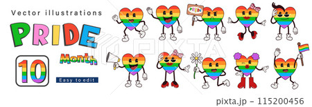 Rainbow heart pride month. LGBT. LGBTQ community, lesbian girl, love elements, LGBT Pride Month symbols, heart, emoji icons and groovy celebration. Vector illustration Rainbow heart pride month. LGBT. LGBTQ community, lesbian girl, love elements, LGBT Pride Month symbols, heart, emoji icons and groovy celebration. Vector illustration 115200456