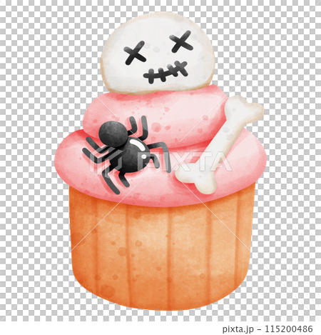 cute ghost , bone and little spider on pink cupcake, Halloween element decoration. cute ghost , bone and little spider on pink cupcake, Halloween element decoration. 115200486