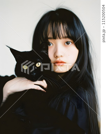 黒猫を抱く日本人女性のポートレート 115200504