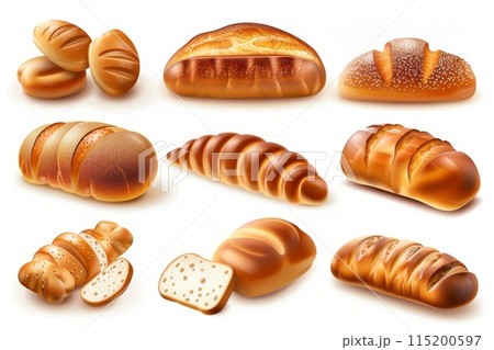Bread loaves icon, bakery products set, 3d realistic pastry collection, baked buns, baguettes symbols 115200597