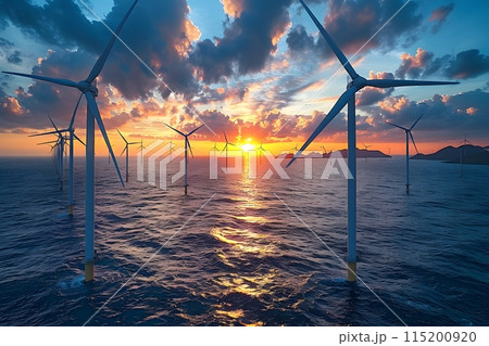 Offshore Wind Farm at Sunset - Renewable Energy Concept and Sustainable Power Source for Design Print Poster Generative AI Offshore Wind Farm at Sunset - Renewable Energy Concept and Sustainable Power Source for Design Print Poster Generative AI 115200920