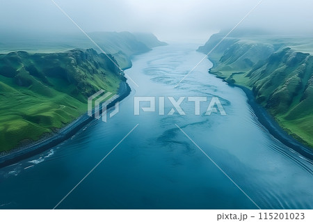 Scenic Aerial View of Majestic River Cutting Through Verdant Cliffs on a Misty Morning for Nature Photography and Wall Art Generative AI 115201023