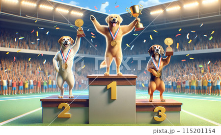 Three cartoon dogs on a sports podium with medals, celebrating victory in a stadium with cheering crowds and falling confetti. 115201154