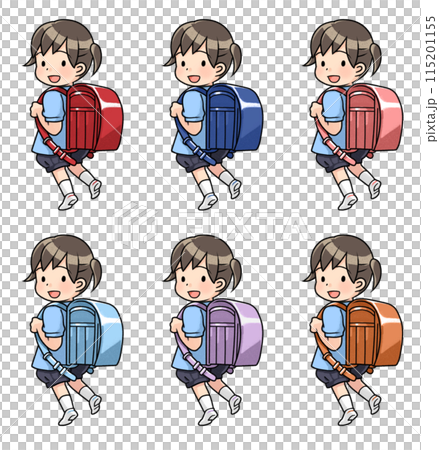A girl carrying a school bag of various colors A girl carrying a school bag of various colors 115201155