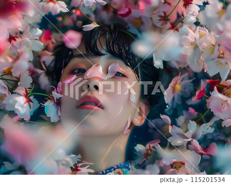 春の訪れとともに咲く、桜に抱かれたアジア人女性 115201534