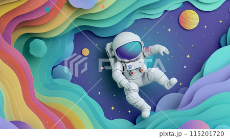 Space man walking on planet, paper art for greeting card. 115201720