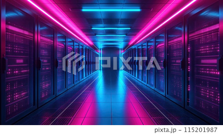 Hi-tech data storage server hallway, cloud computing neon glowing design. AI generated 115201987