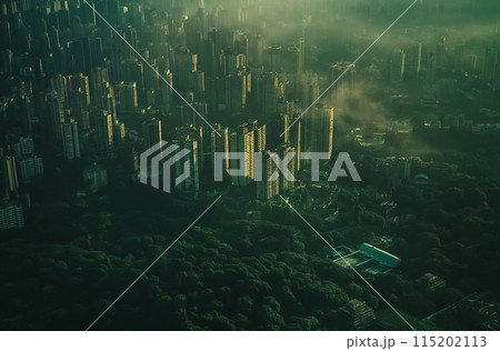 Urban skyline amidst forest 115202113