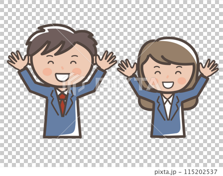 Upper body illustration of male and female businessmen who are overjoyed and raising their arms in the air 115202537