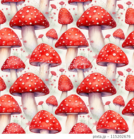 Watercolor Red Mushroom Seamless Pattern, Aquarelle Fly Agaric, Watercolor Wild Fungi Tile Watercolor Red Mushroom Seamless Pattern, Aquarelle Fly Agaric, Watercolor Wild Fungi Tile 115202676