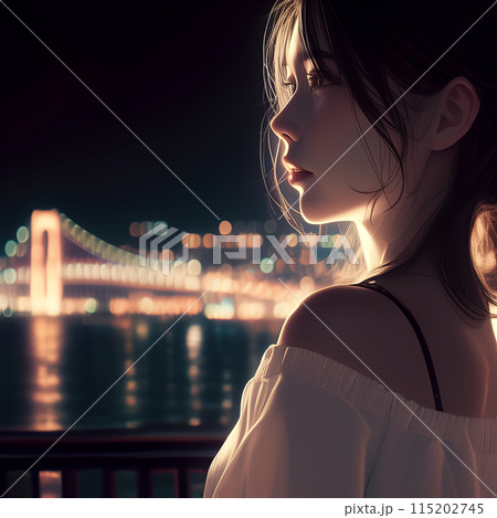 港の夜景を眺める女性 115202745