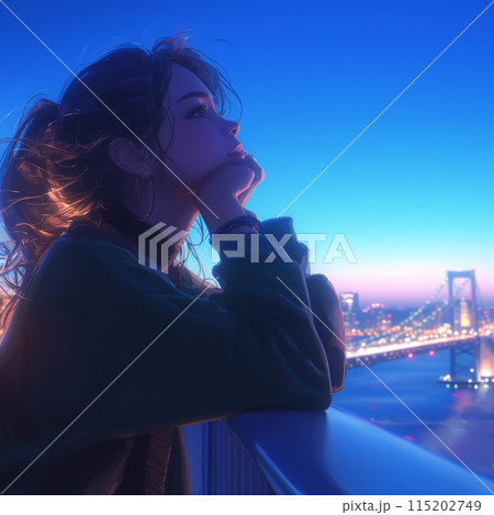 港の夜景を眺める女性のイラスト素材 [115202749] - PIXTA