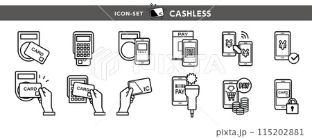 カードやスマホを使ったキャッシュレスの決済と様々な端末による支払いのアイコン・イラスト素材セット カードやスマホを使ったキャッシュレスの決済と様々な端末による支払いのアイコン・イラスト素材セット 115202881