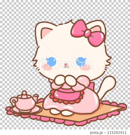 Hand drawn illustration Coquette style white kawaii cat kitty kitten wearing pink Ribbon Bow pastel color isolated on transparent background, perfect for valentines day gifts, nursery Tea party 115202911
