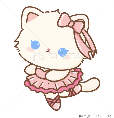 Hand drawn illustration Coquette style white kawaii cat kitty kitten wearing pink Ribbon Bow pastel color isolated on transparent background, perfect for valentines day gifts, dancer ballerina 115202912