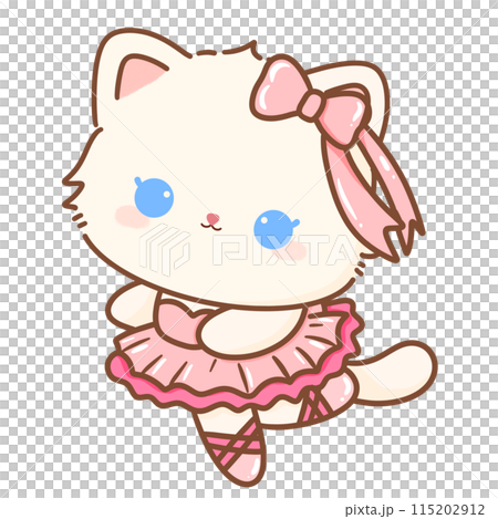 Hand drawn illustration Coquette style white kawaii cat kitty kitten wearing pink Ribbon Bow pastel color isolated on transparent background, perfect for valentines day gifts, dancer ballerina 115202912
