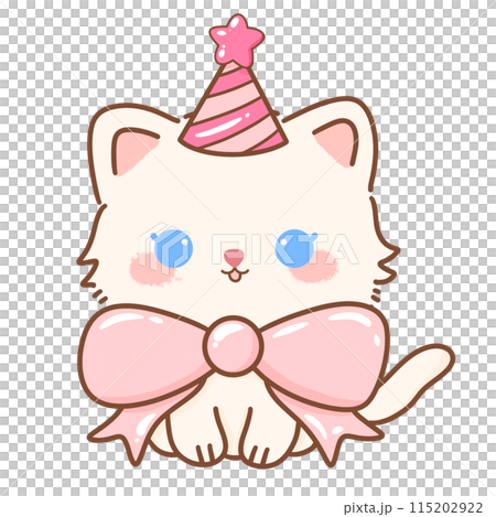 Hand drawn illustration Coquette style white kawaii cat kitty kitten wearing pink Ribbon Bow pastel color isolated on transparent background, perfect for valentines day gifts, nursery Birthday Hat 115202922