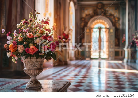 Flowers in Old Castle Interior, Vintage Victorian Hall with Flower Vase, Luxury Hotel Lobby, Royal Villa 115203154