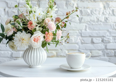 White Table with Flower Bouquet, Coffee Cup on White Brick Wall Background, Morning Greeting Card 115203181