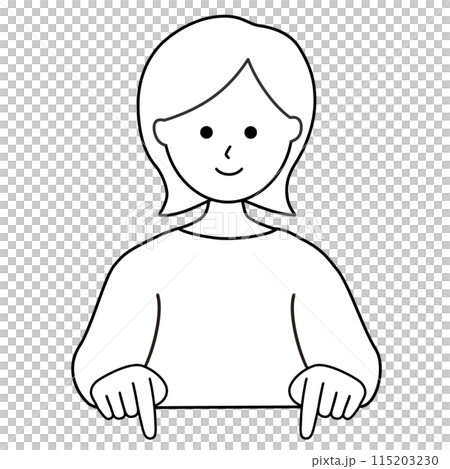 A simple illustration of a line drawing of a woman pointing down and guiding 115203230