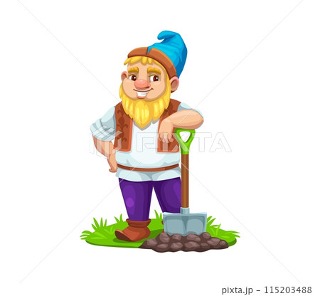 Cartoon gnome dwarf character plants a garden. Isolated vector elf personage stands with a shovel planted in rich soil, wearing a bright blue hat and purple pants, ready for a day of joyful gardening Cartoon gnome dwarf character plants a garden. Isolated vector elf personage stands with a shovel planted in rich soil, wearing a bright blue hat and purple pants, ready for a day of joyful gardening 115203488