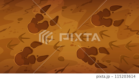 Prehistoric dinosaur fossil footprints. Cartoon vector background with ancient dino reptile animal paw prints, trail impression on ground. Jurassic era archaeological and paleontology finds or fossils Prehistoric dinosaur fossil footprints. Cartoon vector background with ancient dino reptile animal paw prints, trail impression on ground. Jurassic era archaeological and paleontology finds or fossils 115203614
