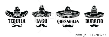Mexican sombrero. Burrito and taco, quesadilla and tequila signs. Isolated vector black silhouettes of traditional latin headwear with mustaches and creative typography names of national tex mex meals Mexican sombrero. Burrito and taco, quesadilla and tequila signs. Isolated vector black silhouettes of traditional latin headwear with mustaches and creative typography names of national tex mex meals 115203743
