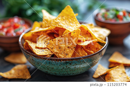 Closeup of tortilla chips in a ceramic bowl with fresh salsa in the background 115203774