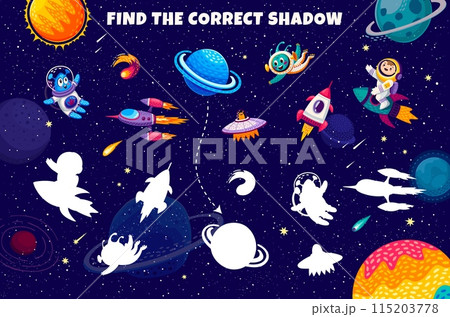 Kids game, find the correct shadow of galaxy space objects. Silhouette find child game, shadow match vector puzzle or riddle worksheet with alien and kid astronaut cartoon character, rocket and planet Kids game, find the correct shadow of galaxy space objects. Silhouette find child game, shadow match vector puzzle or riddle worksheet with alien and kid astronaut cartoon character, rocket and planet 115203778