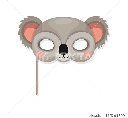 Koala animal carnival party mask. Festival or birthday costume. Isolated vector decorative festive face covering for kids holiday celebration. Cute mask with head of funny jungle koala bear on stick Koala animal carnival party mask. Festival or birthday costume. Isolated vector decorative festive face covering for kids holiday celebration. Cute mask with head of funny jungle koala bear on stick 115203809