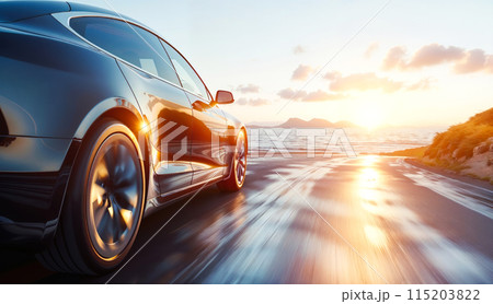 Dynamic drive, luxury car speeding along coastal road at sunset 115203822