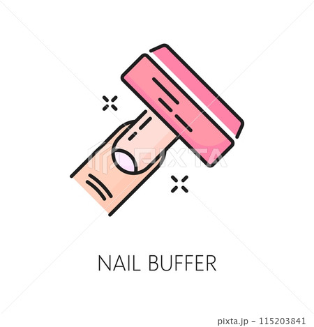 Manicure service nail buffer color line icon. Woman beauty or spa salon nail service, manicure and pedicure master cosmetology linear vector sign. Cosmetics and makeup shop outline pictogram or icon Manicure service nail buffer color line icon. Woman beauty or spa salon nail service, manicure and pedicure master cosmetology linear vector sign. Cosmetics and makeup shop outline pictogram or icon 115203841