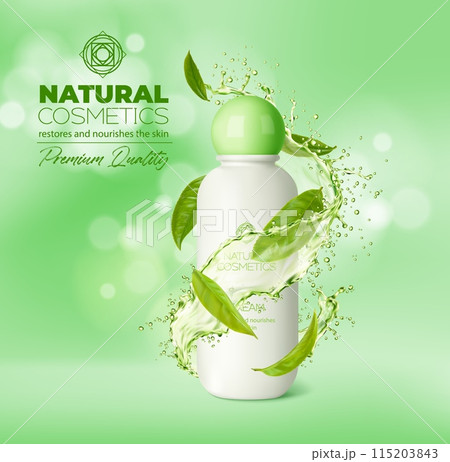 Green tea cosmetics with splash and tea leaves. Vector advertisement background with natural cosmetic product, dynamic liquid splatter and white bottle with green cap. Rejuvenation beauty production Green tea cosmetics with splash and tea leaves. Vector advertisement background with natural cosmetic product, dynamic liquid splatter and white bottle with green cap. Rejuvenation beauty production 115203843