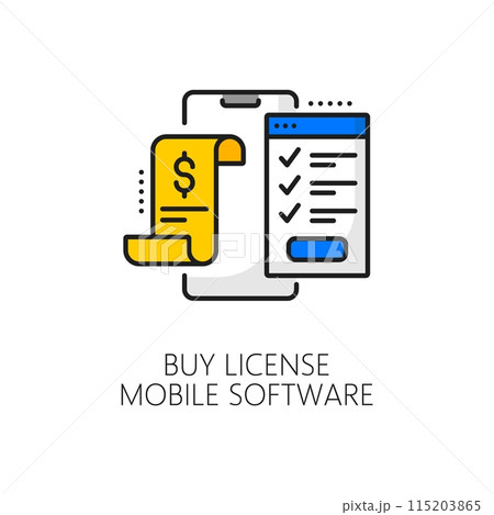 Buy license mobile software update color line icon. Mobile phone application or driver software upgrade or smartphone app license line vector pictogram with bill and user agreement document Buy license mobile software update color line icon. Mobile phone application or driver software upgrade or smartphone app license line vector pictogram with bill and user agreement document 115203865