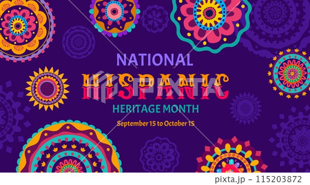 National hispanic heritage month banner with ethnic patterns and circle floral ornaments. Spanish and mexican americans culture festival poster, bright color flowers and huichol motif background 115203872